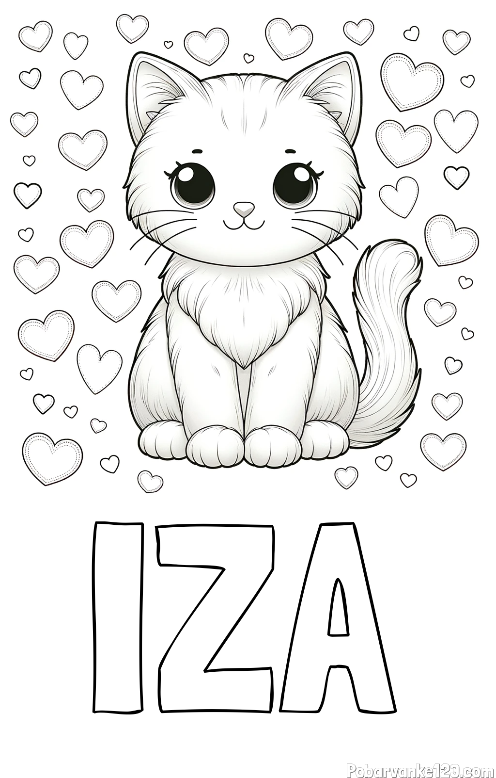 Pobarvanka imena IZA in pobarvanka ljubke mucke obdane s srčki