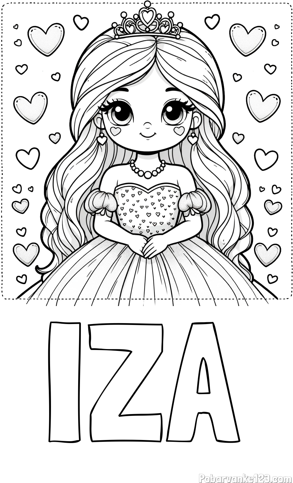 Pobarvanka imena IZA in pobarvanka ljubke princese obdane s srčki
