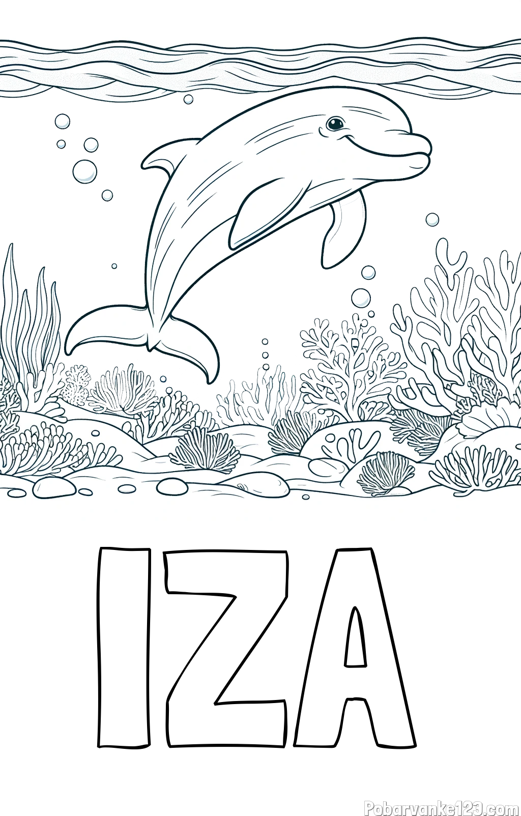 Pobarvanka imena IZA in pobarvanka ljubkega delfina med plavanjem v morju
