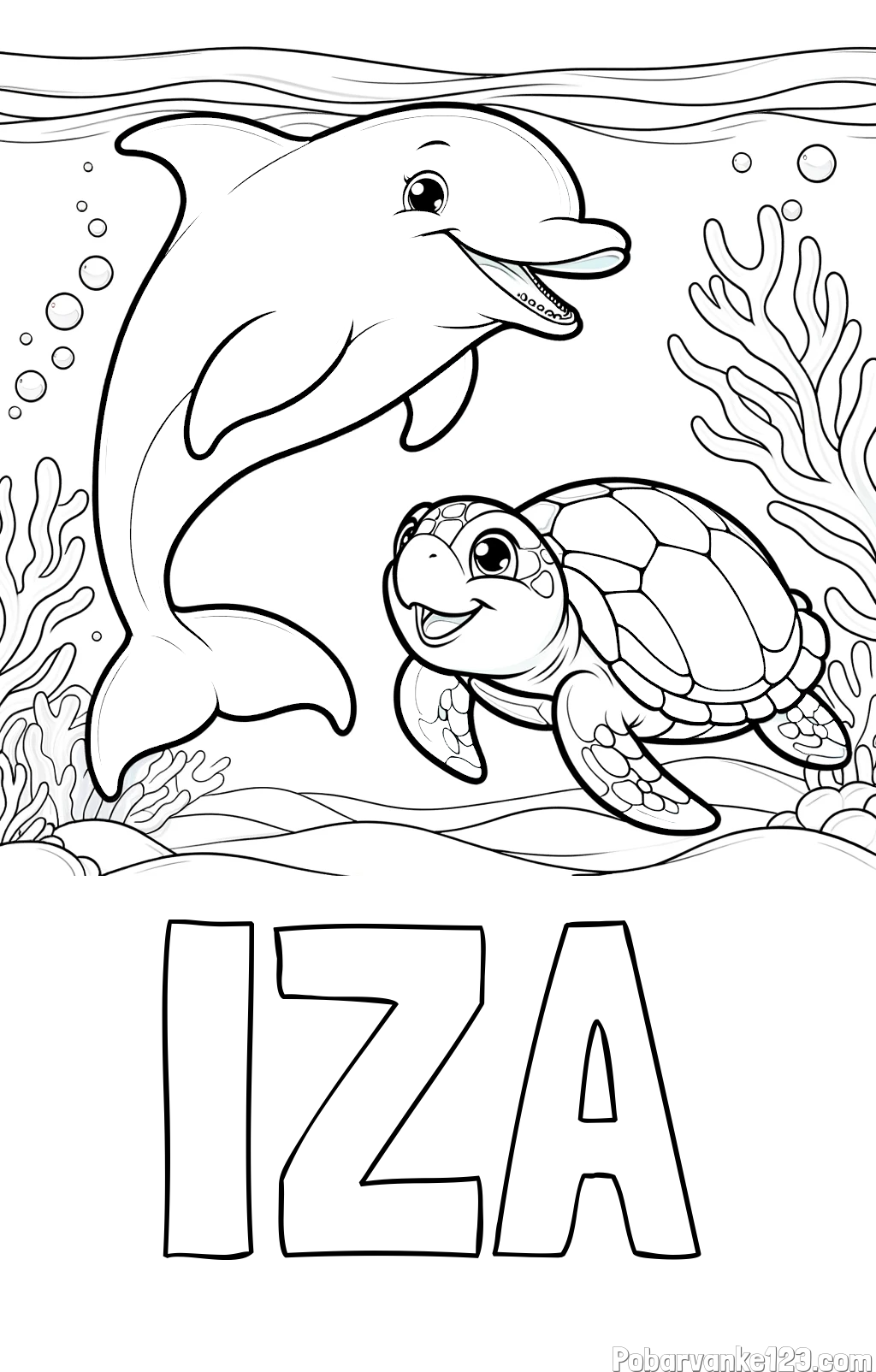 Pobarvanka imena IZA in pobarvanka ljubkega delfina z želvo v morju