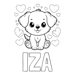 Pobarvanka imena IZA in pobarvanka ljubkega kužka obdanega s srčki