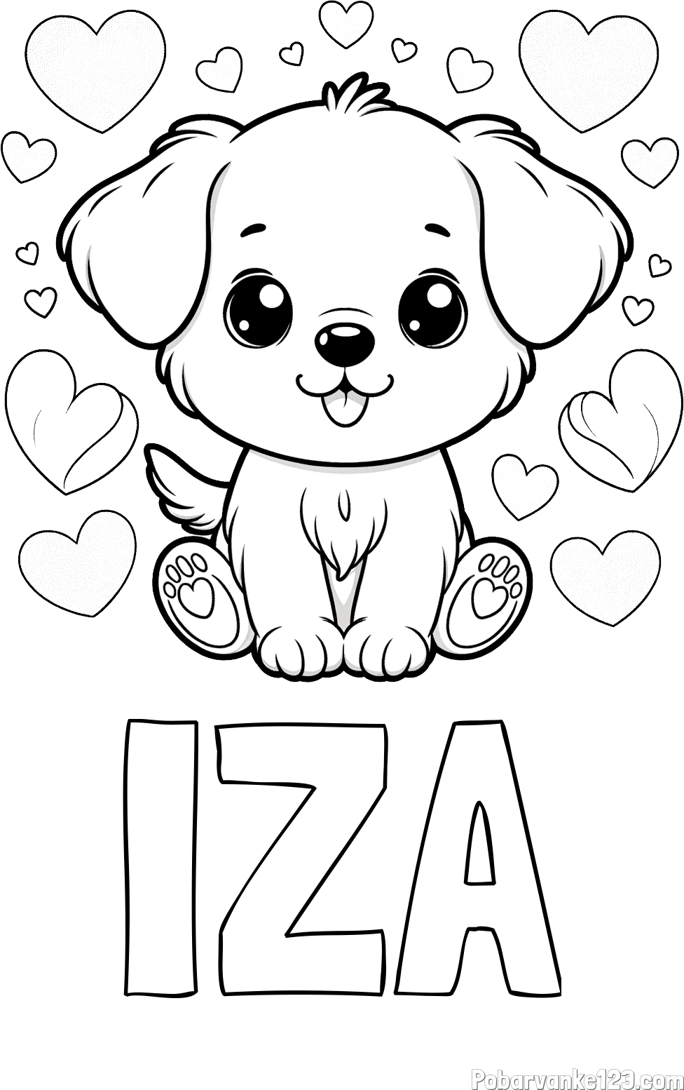 Pobarvanka imena IZA in pobarvanka ljubkega kužka obdanega s srčki
