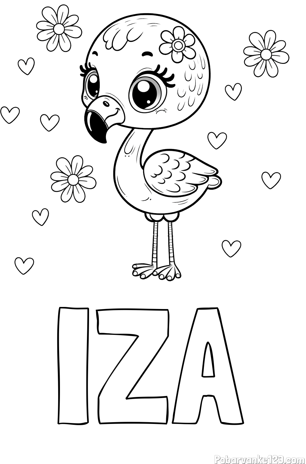 Pobarvanka imena IZA in pobarvanka mladička flaminga z rožicami in srčki