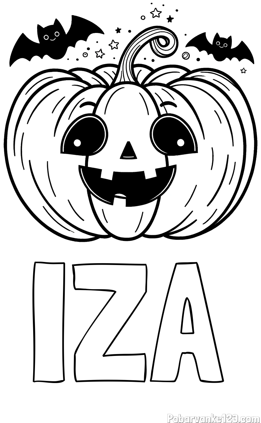 Pobarvanka imena IZA in pobarvanka nasmejane buče ter dveh netopirjev za noč čarovnic