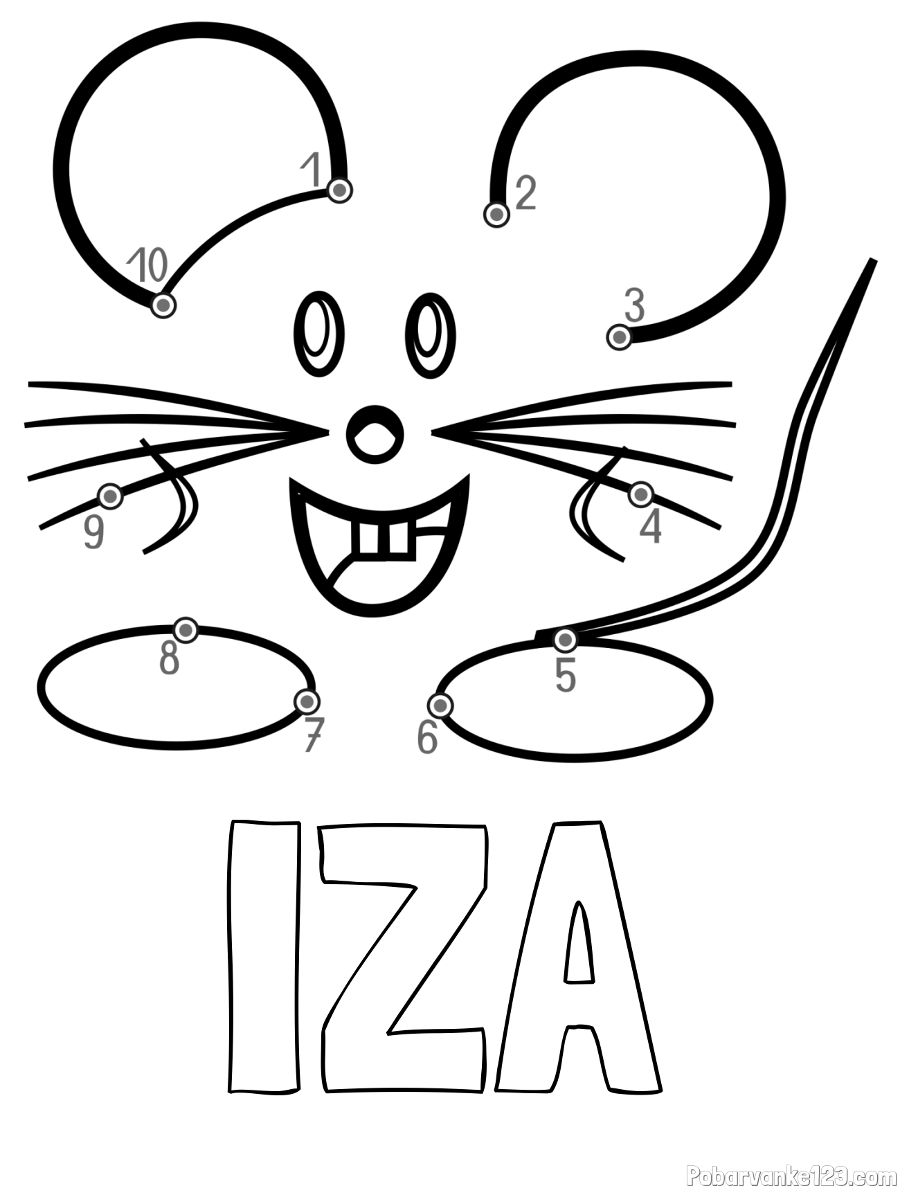 Pobarvanka imena IZA in pobarvanka poveži številke - ljubka miška