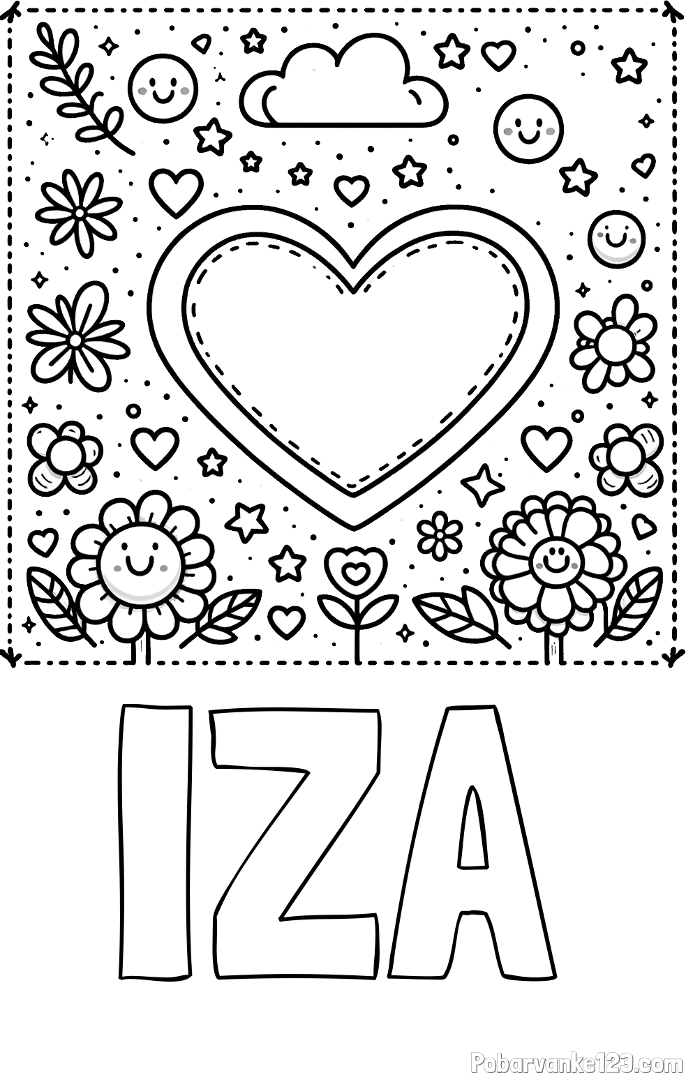 Pobarvanka imena IZA in pobarvanka srčka ter rožic