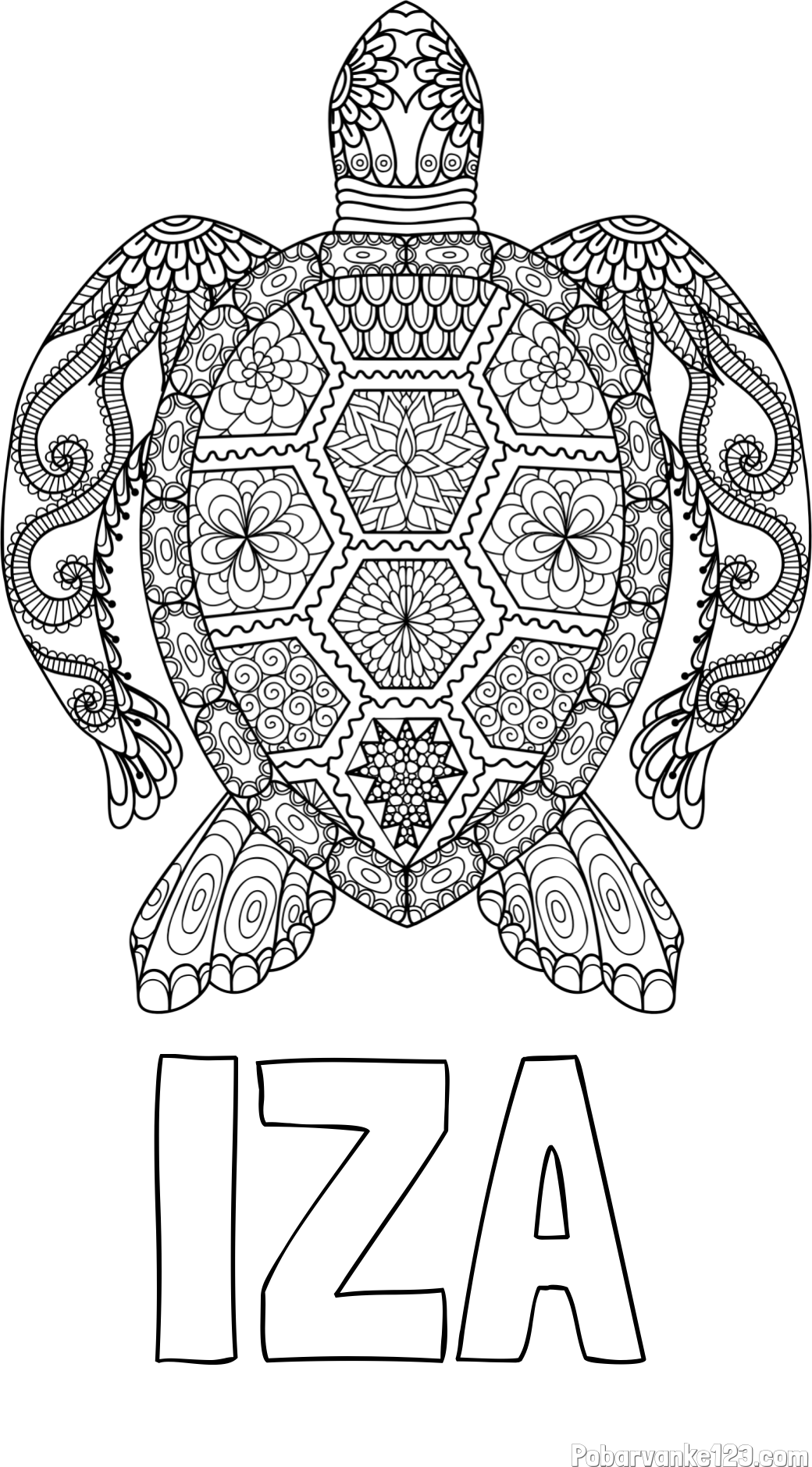 Pobarvanka imena IZA in pobarvanka želve - mandale