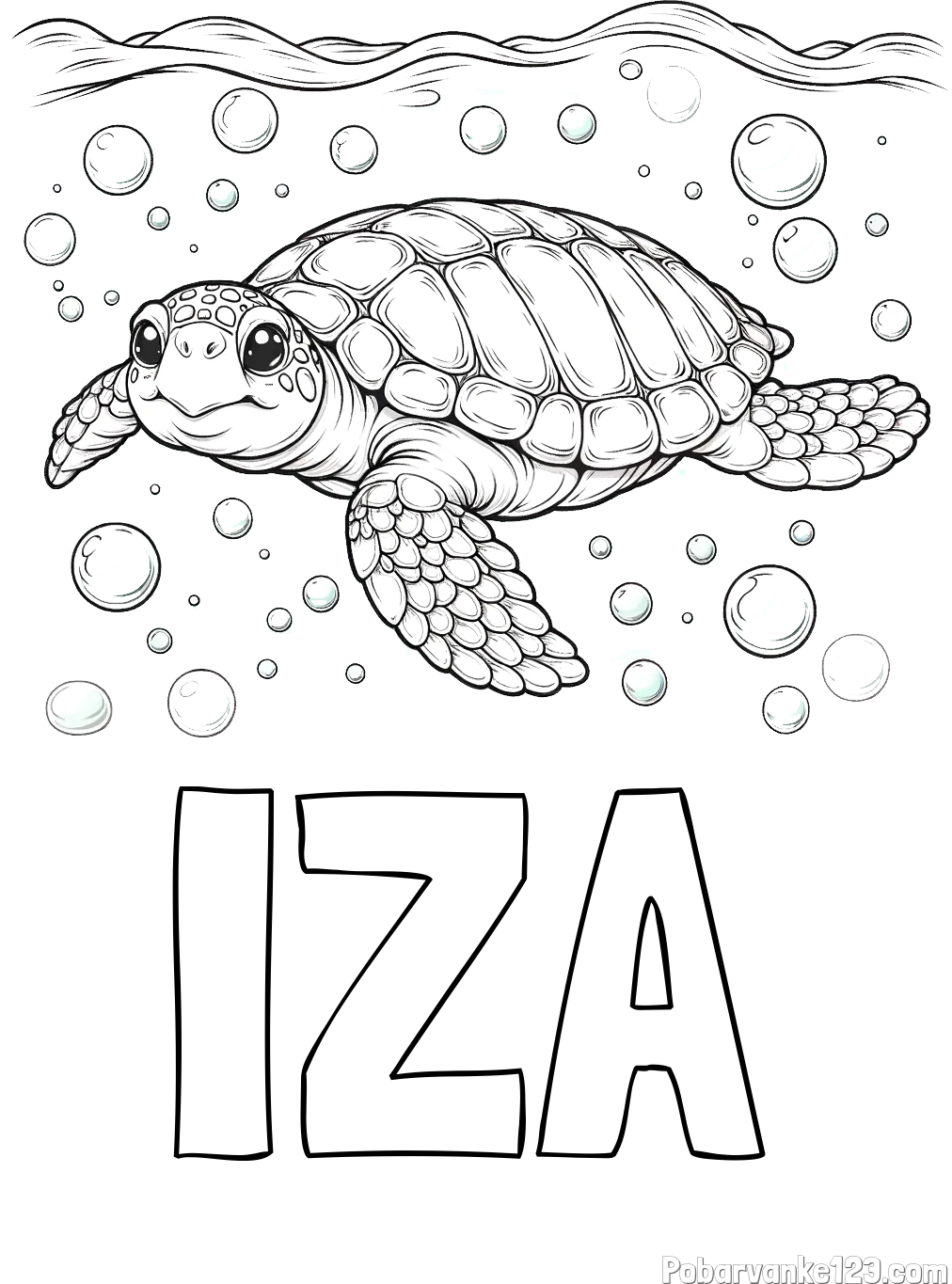 Pobarvanka imena IZA in pobarvanka želve v morju