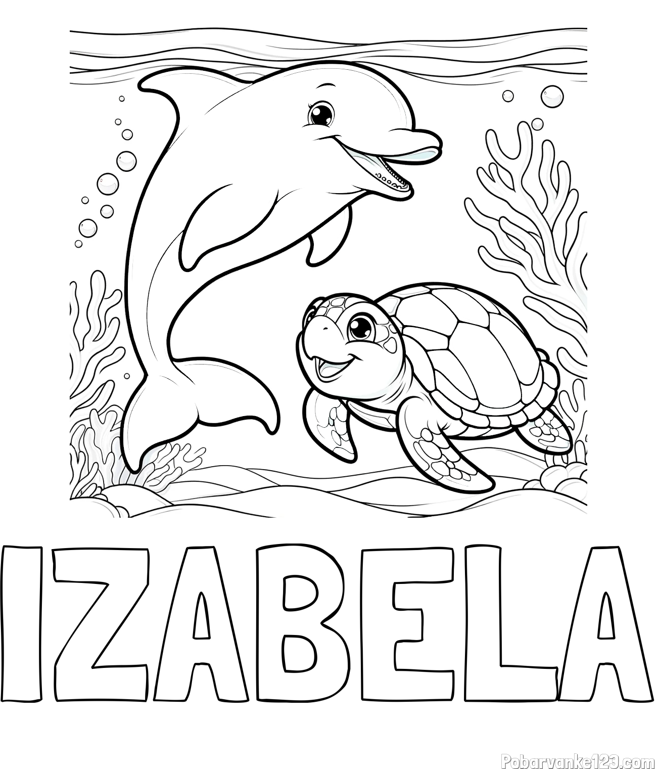 Pobarvanka imena IZABELA in pobarvanka ljubkega delfina z želvo v morju