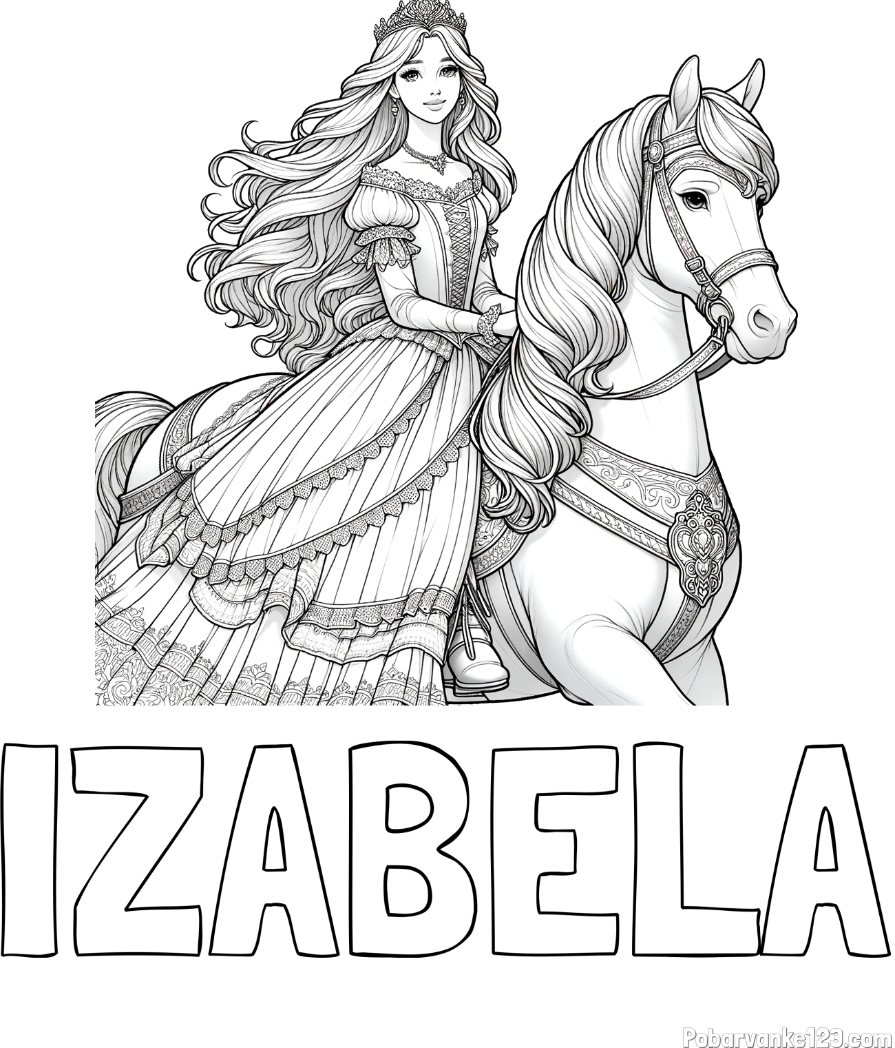 Pobarvanka imena IZABELA in pobarvanka nasmejana princese na konju