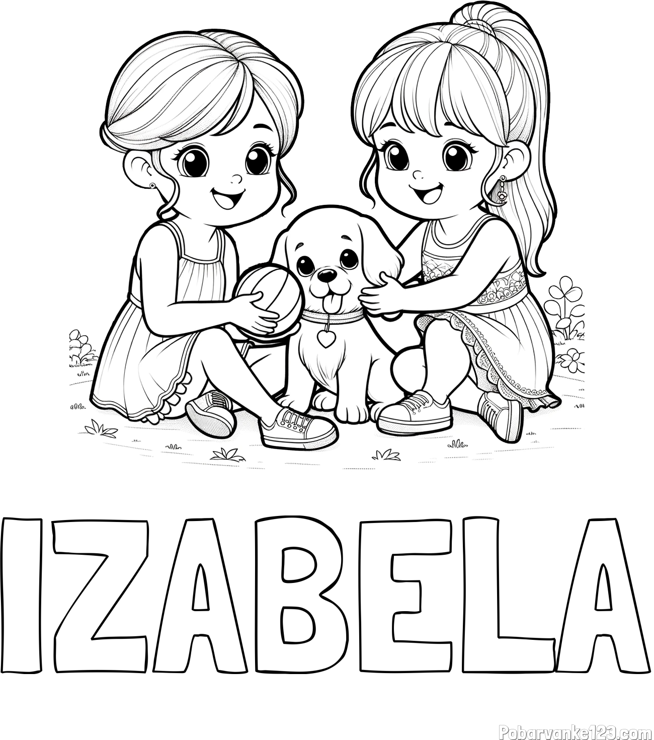 Pobarvanka imena IZABELA in pobarvanka prijateljic s kužkom