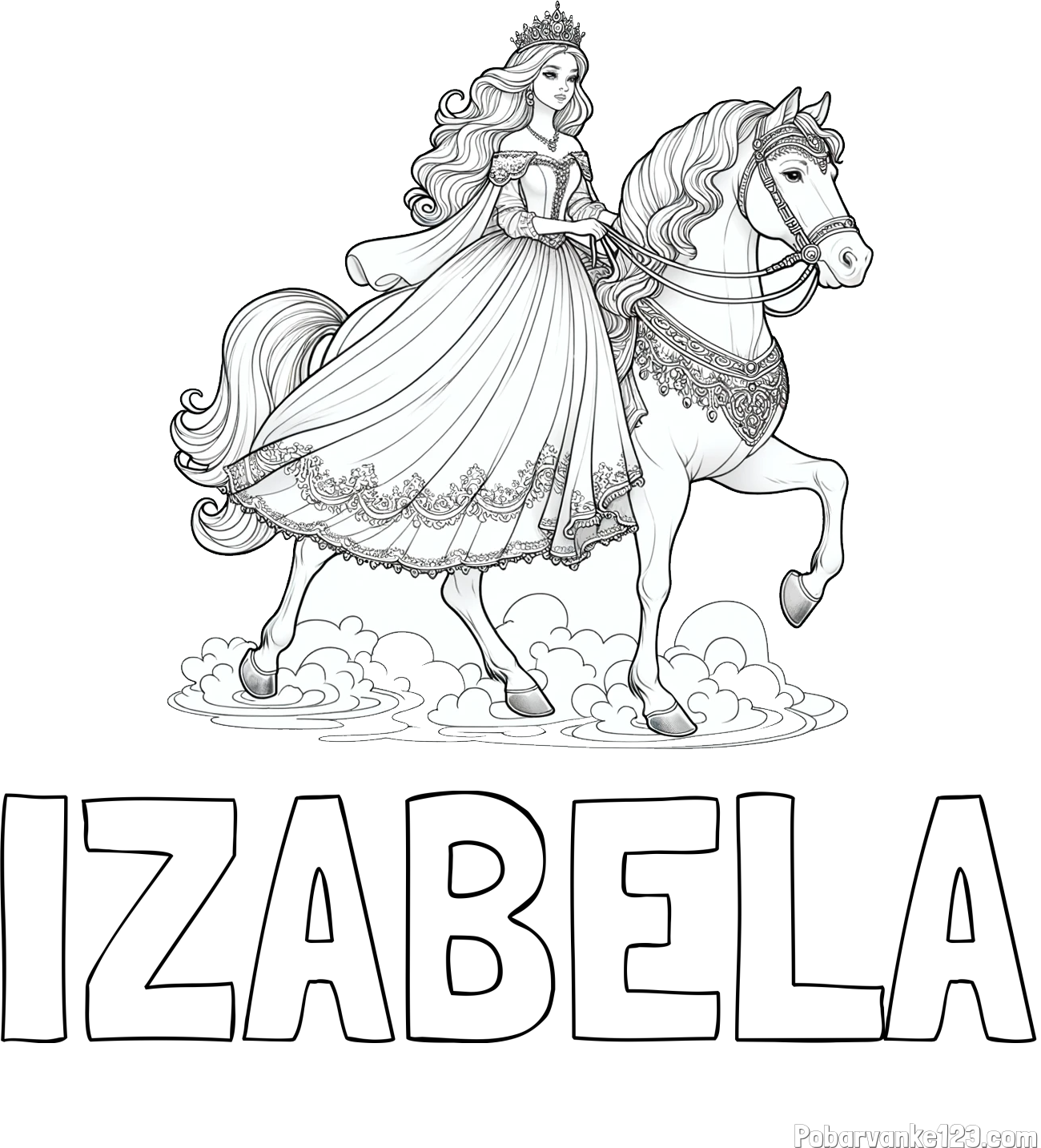 Pobarvanka imena IZABELA in pobarvanka princese na konju