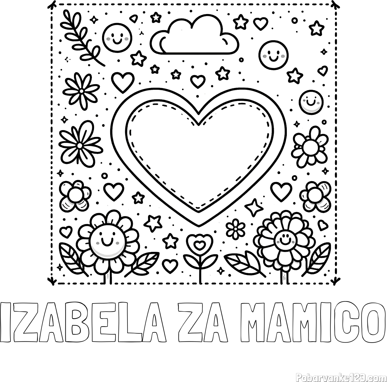 Pobarvanka imena IZABELA ZA MAMICO in pobarvanka srčka ter rožic