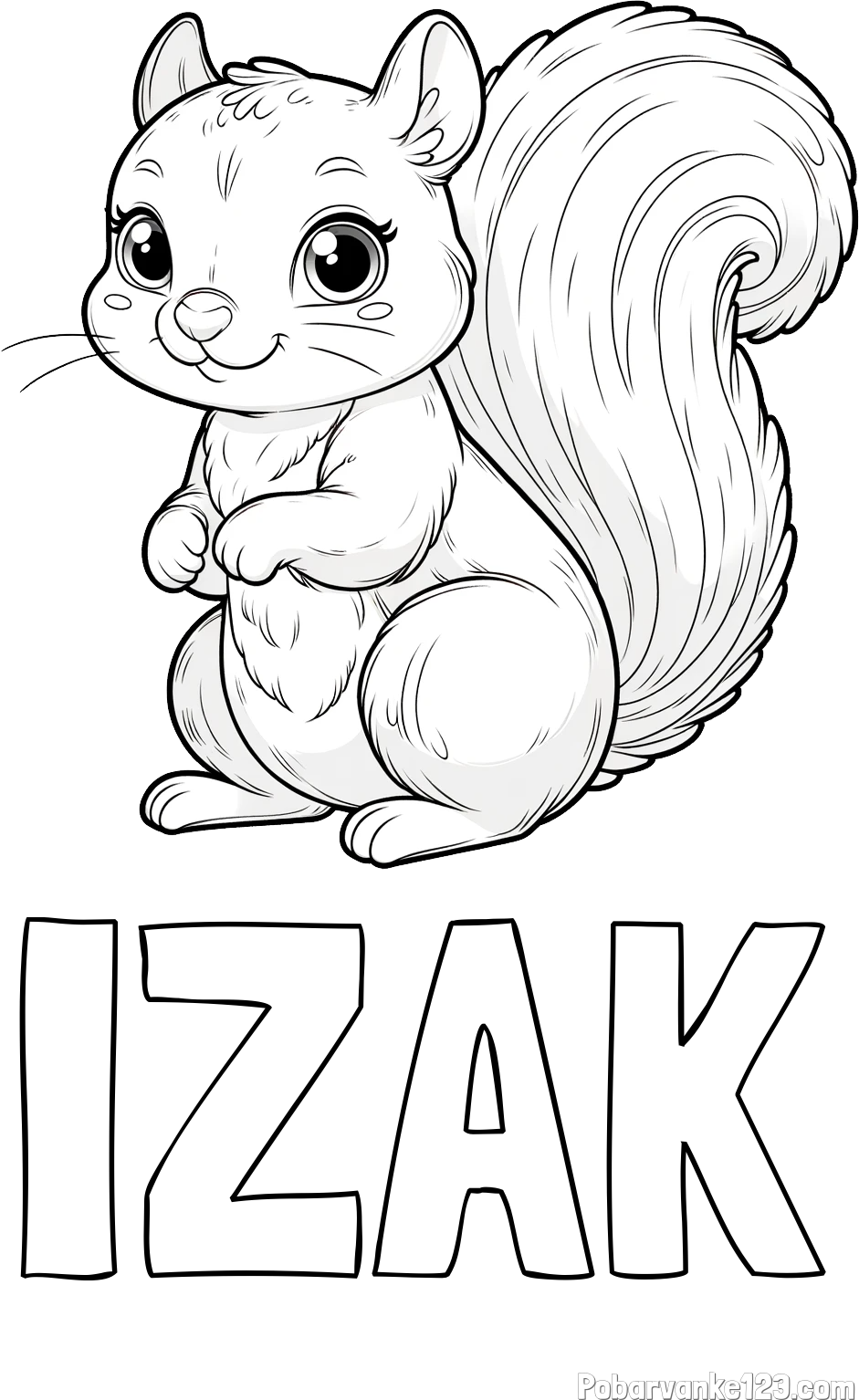 Pobarvanka imena IZAK in pobarvanka zelo ljubke in nasmejane veverice