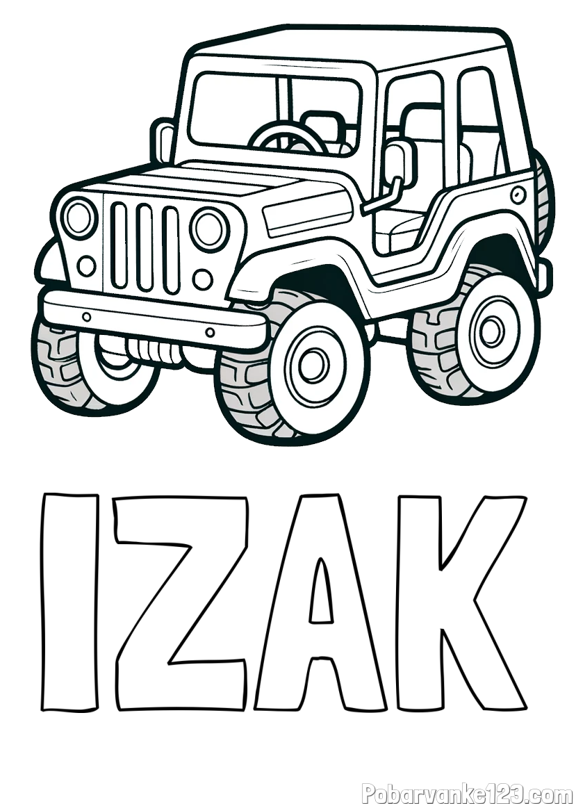 Pobarvanka imena IZAK in preprosta pobarvanka jeep-a