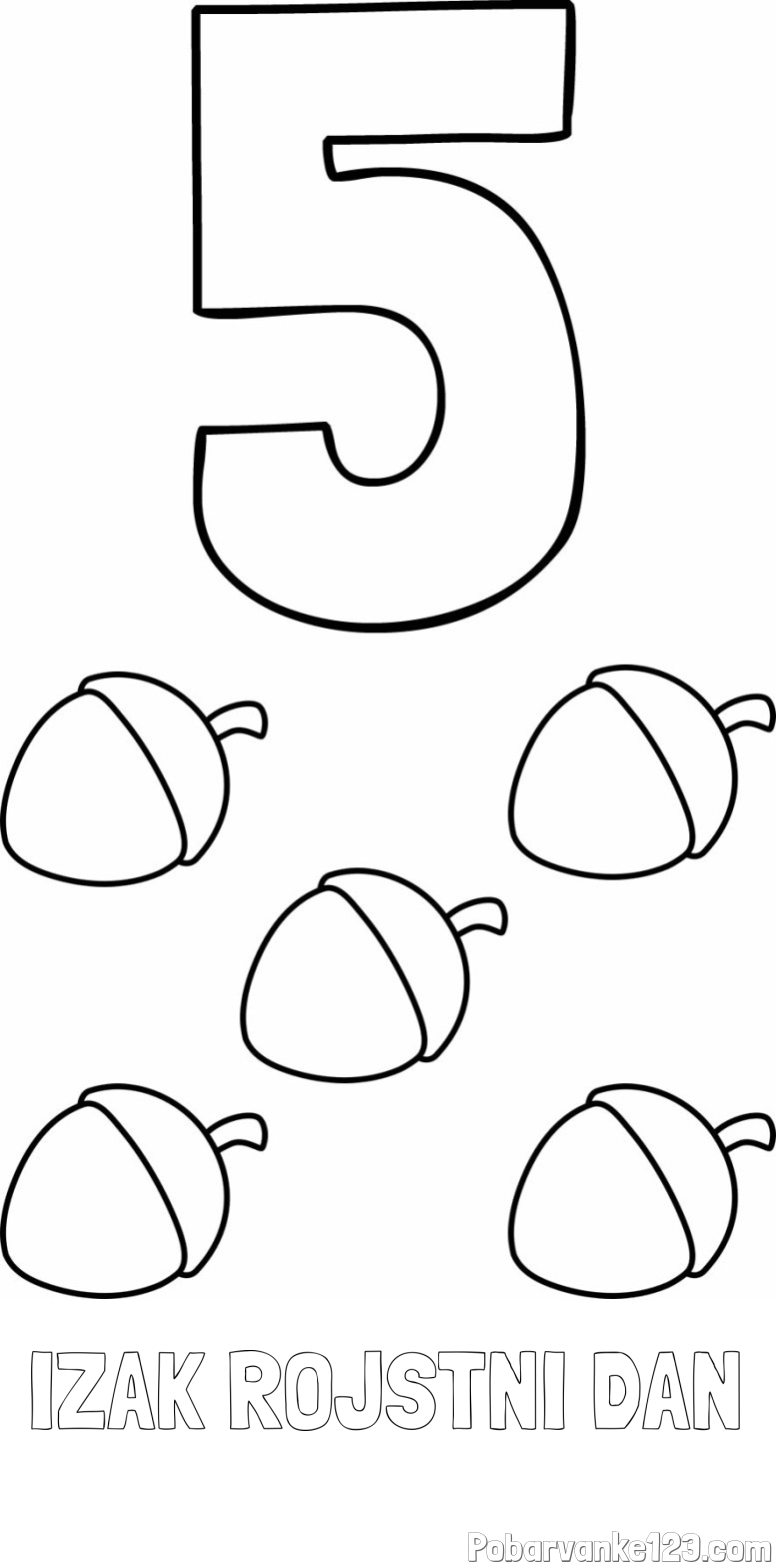 Pobarvanka imena IZAK ROJSTNI DAN in pobarvanka števila 5 s slikovnim prikazom