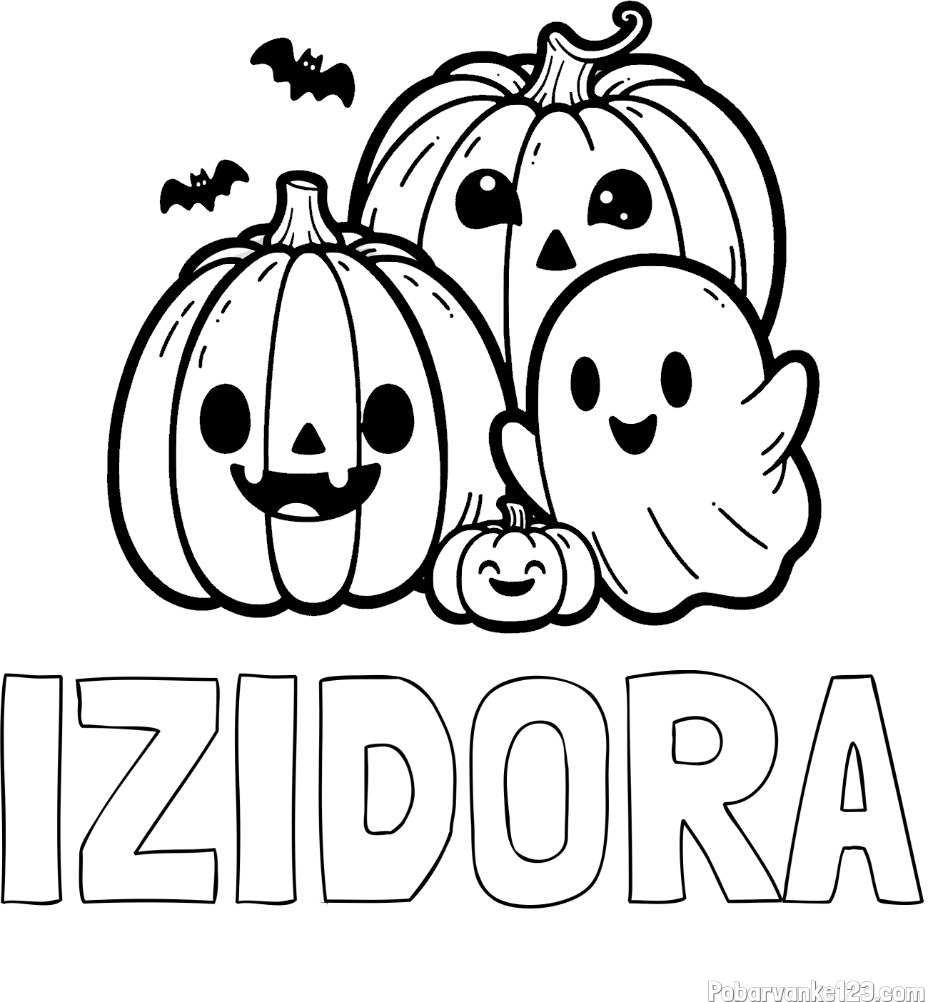 Pobarvanka imena IZIDORA in pobarvanka duhca in buč za noč čarovnic