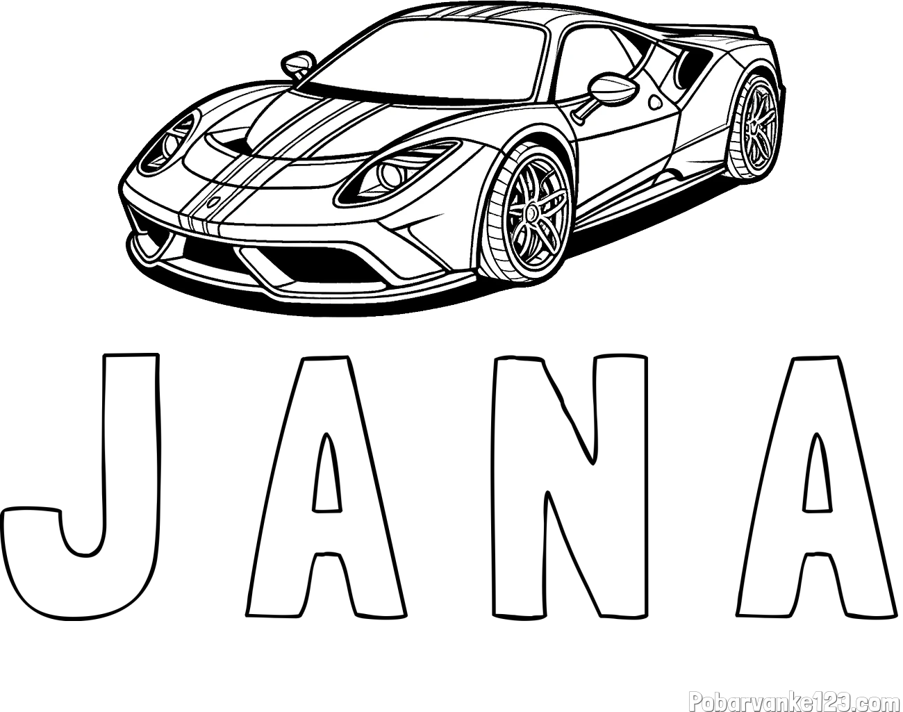 Pobarvanka imena J A N A in pobarvanka čudovitega športnega avtomobila