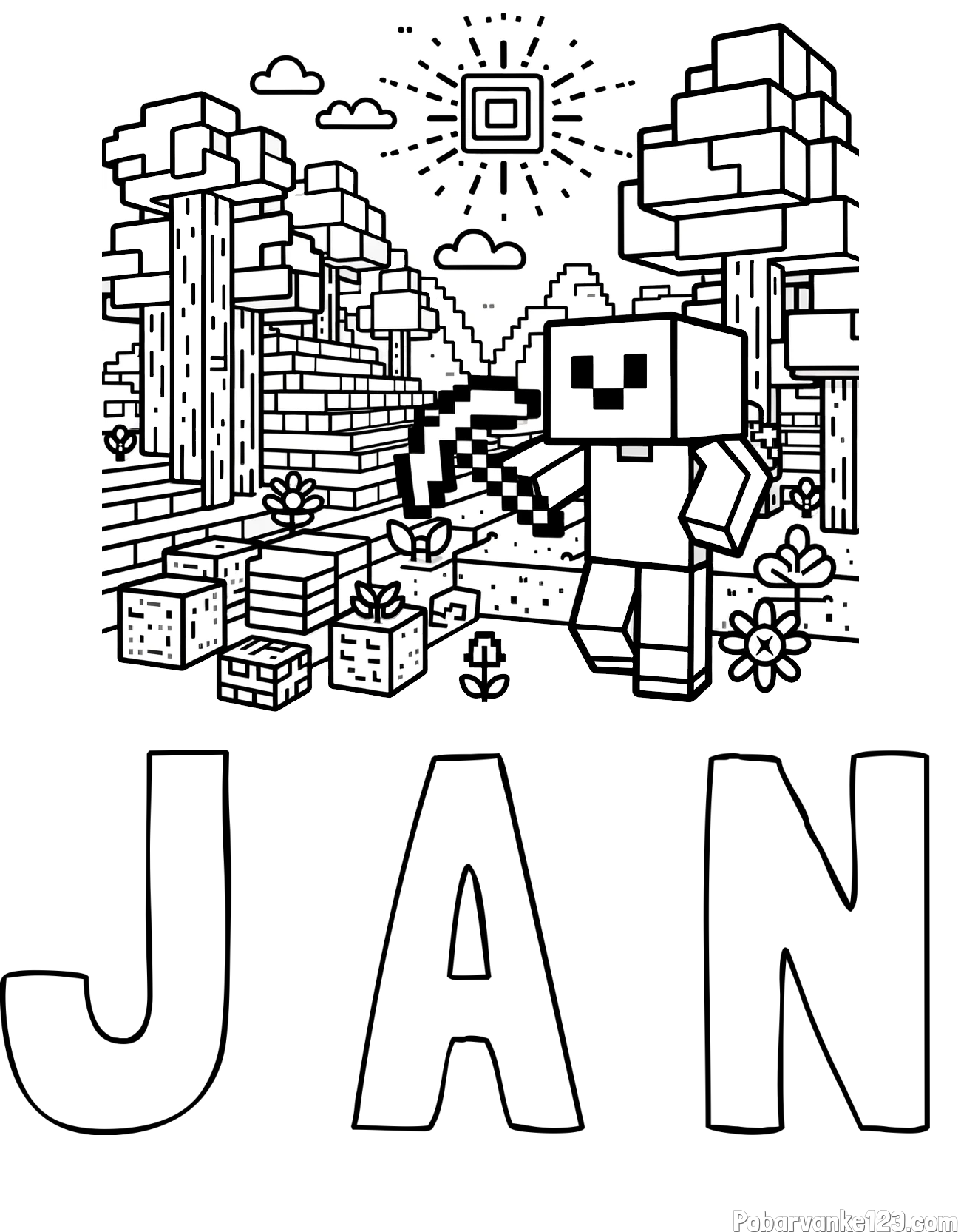 Pobarvanka imena J A N in pobarvanka Minecraft sveta