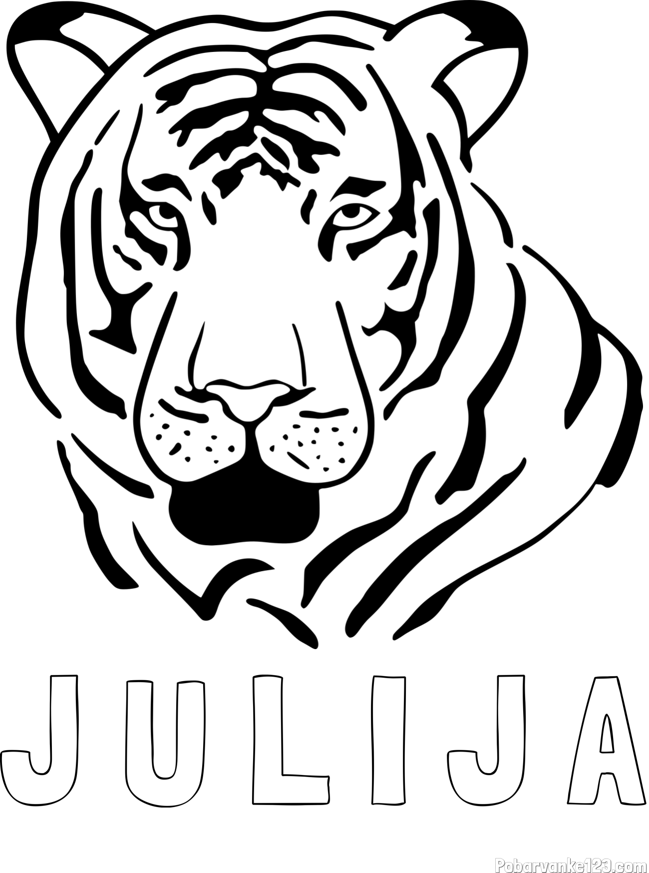Pobarvanka imena J U L I J A in pobarvanka glave odraslega tigra