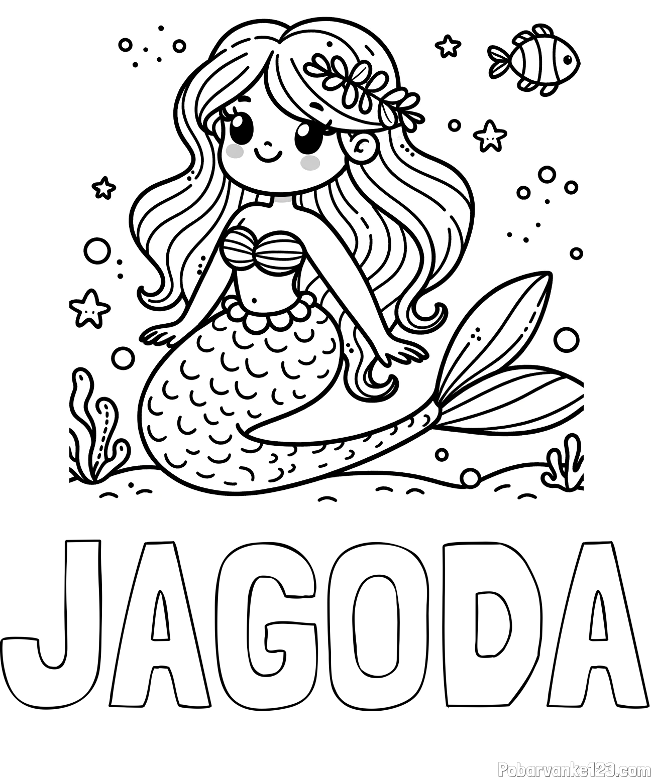 Pobarvanka imena JAGODA in pobarvanka ljubke morske deklice v morju