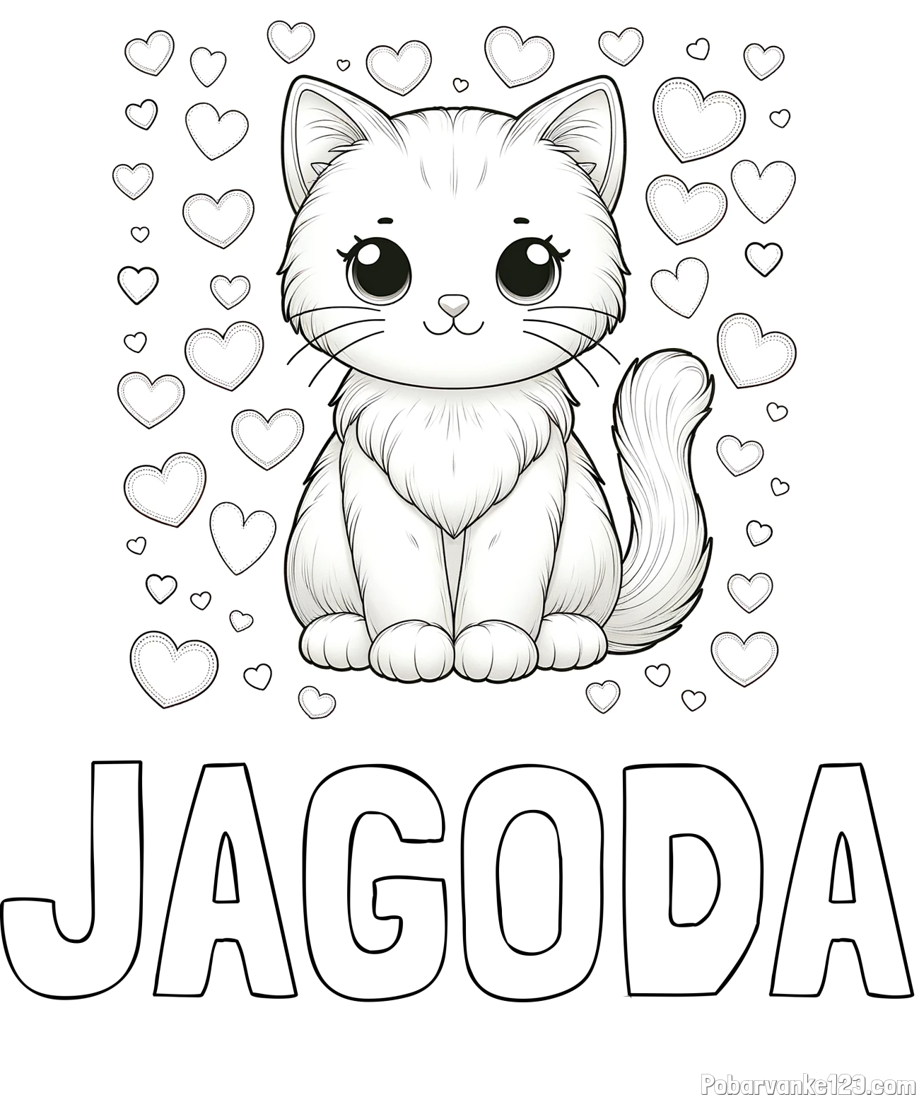 Pobarvanka imena JAGODA in pobarvanka ljubke mucke obdane s srčki
