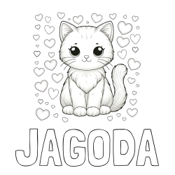 Online izdelana pobarvanka - Pobarvanka imena JAGODA in pobarvanka ljubke mucke obdane s srčki