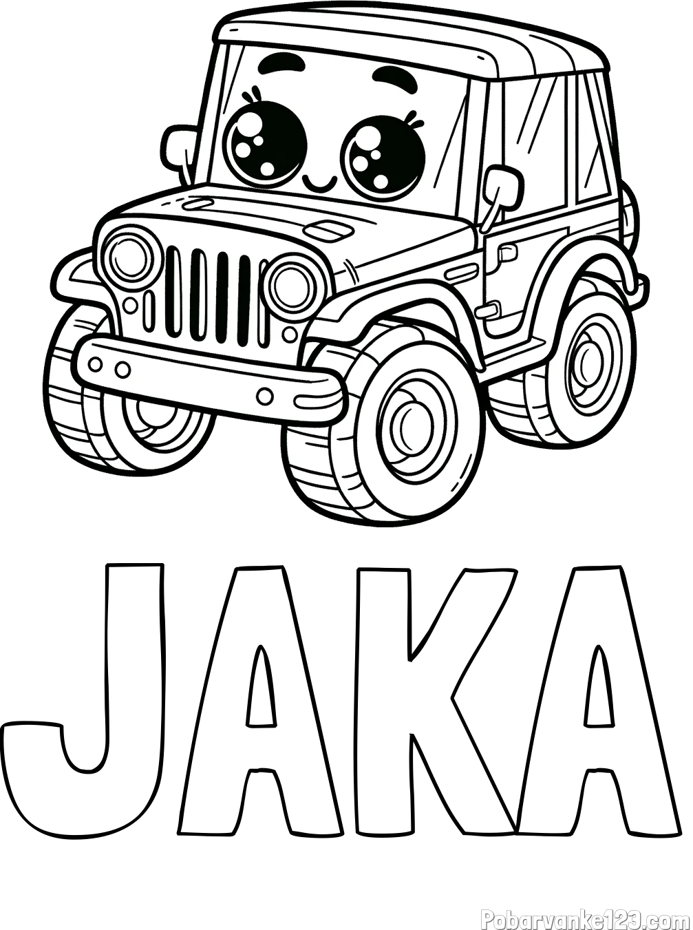 Pobarvanka imena JAKA in otroška pobarvanka nasmejanega jeep-a