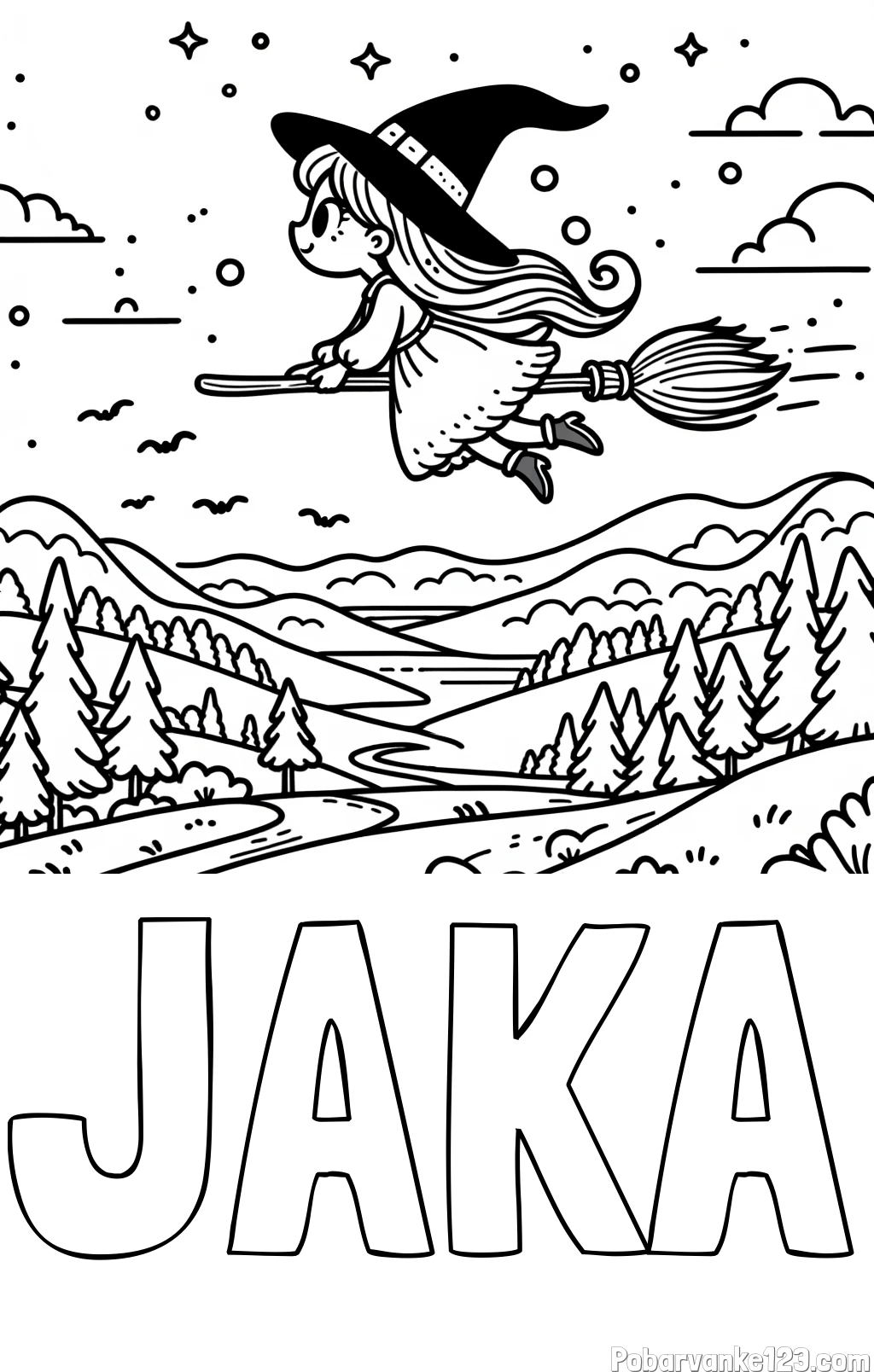 Pobarvanka imena JAKA in pobarvanka čarovnice, ki leti na metli