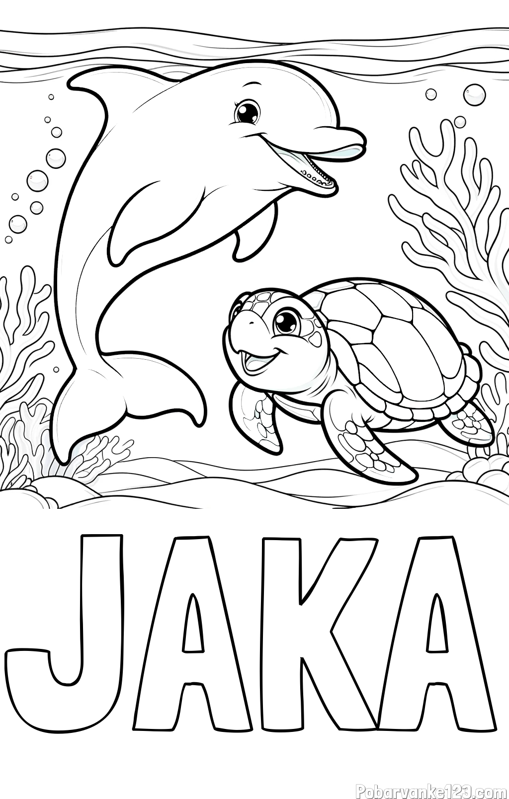Pobarvanka imena JAKA in pobarvanka ljubkega delfina z želvo v morju