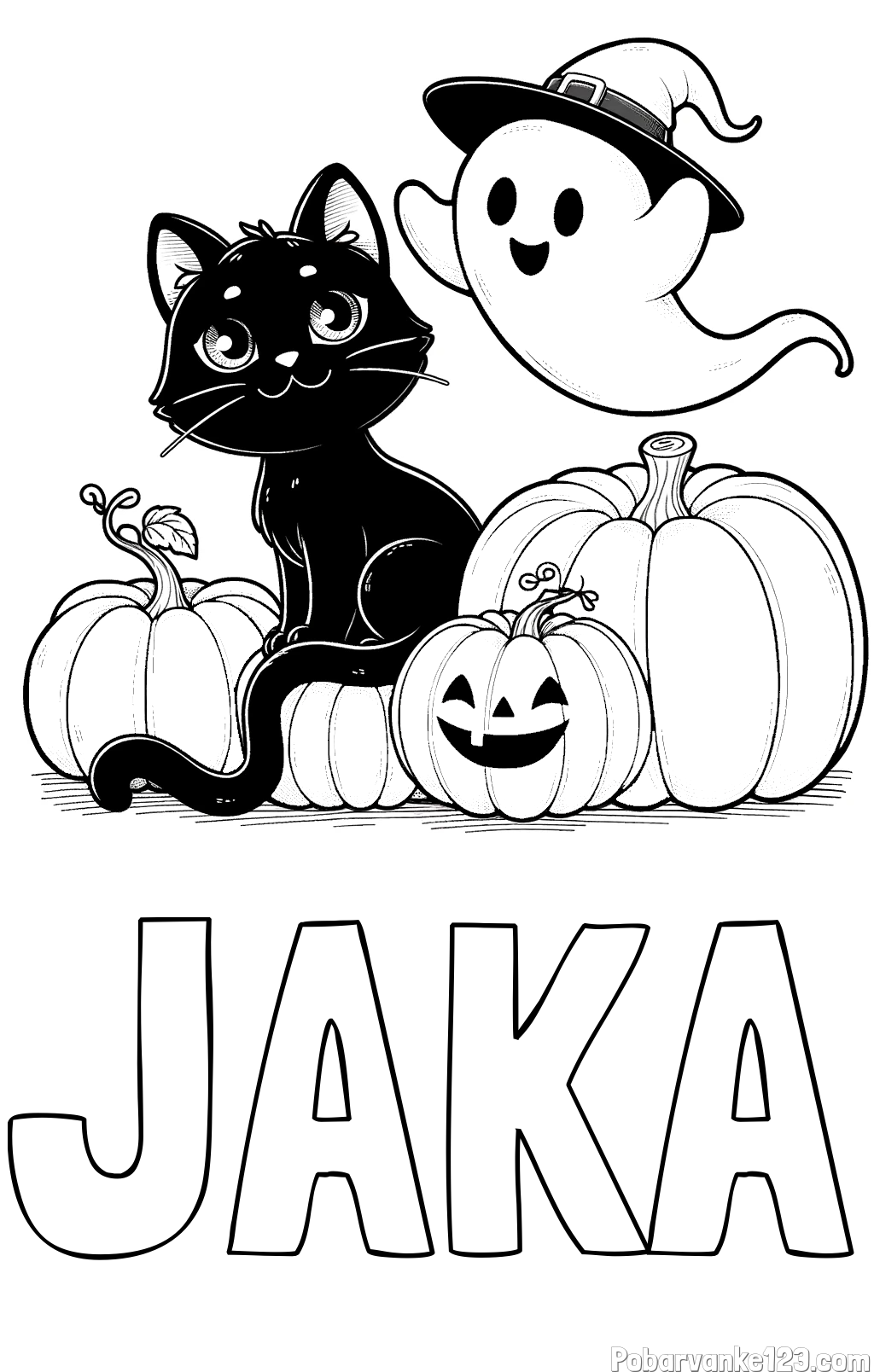 Pobarvanka imena JAKA in pobarvanka prijaznega duhca, črne mačke ter buč za noč čarovnic