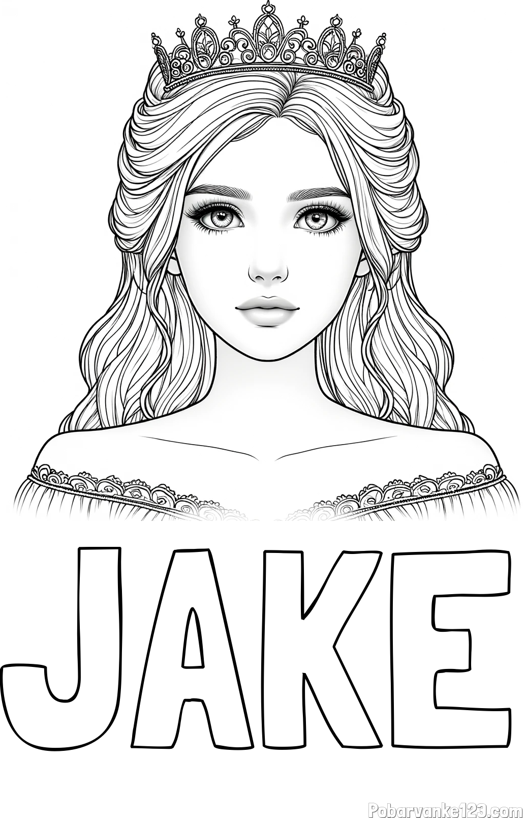 Pobarvanka imena JAKE in pobarvanka prikupne princeske s čudovitimi očmi