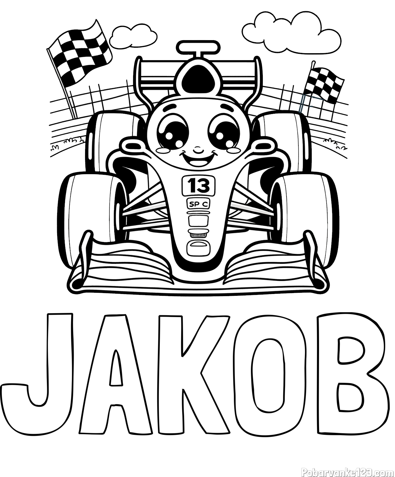 Pobarvanka imena JAKOB in otroška pobarvanka FORMULA 1