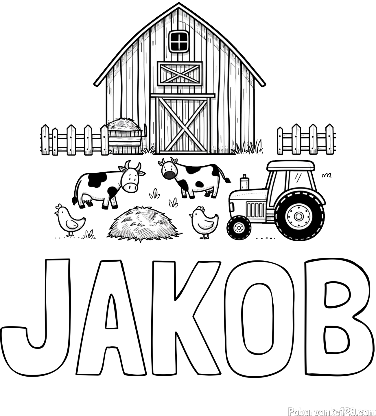 Pobarvanka imena JAKOB in otroška pobarvanka velikega senika, krav in traktorja