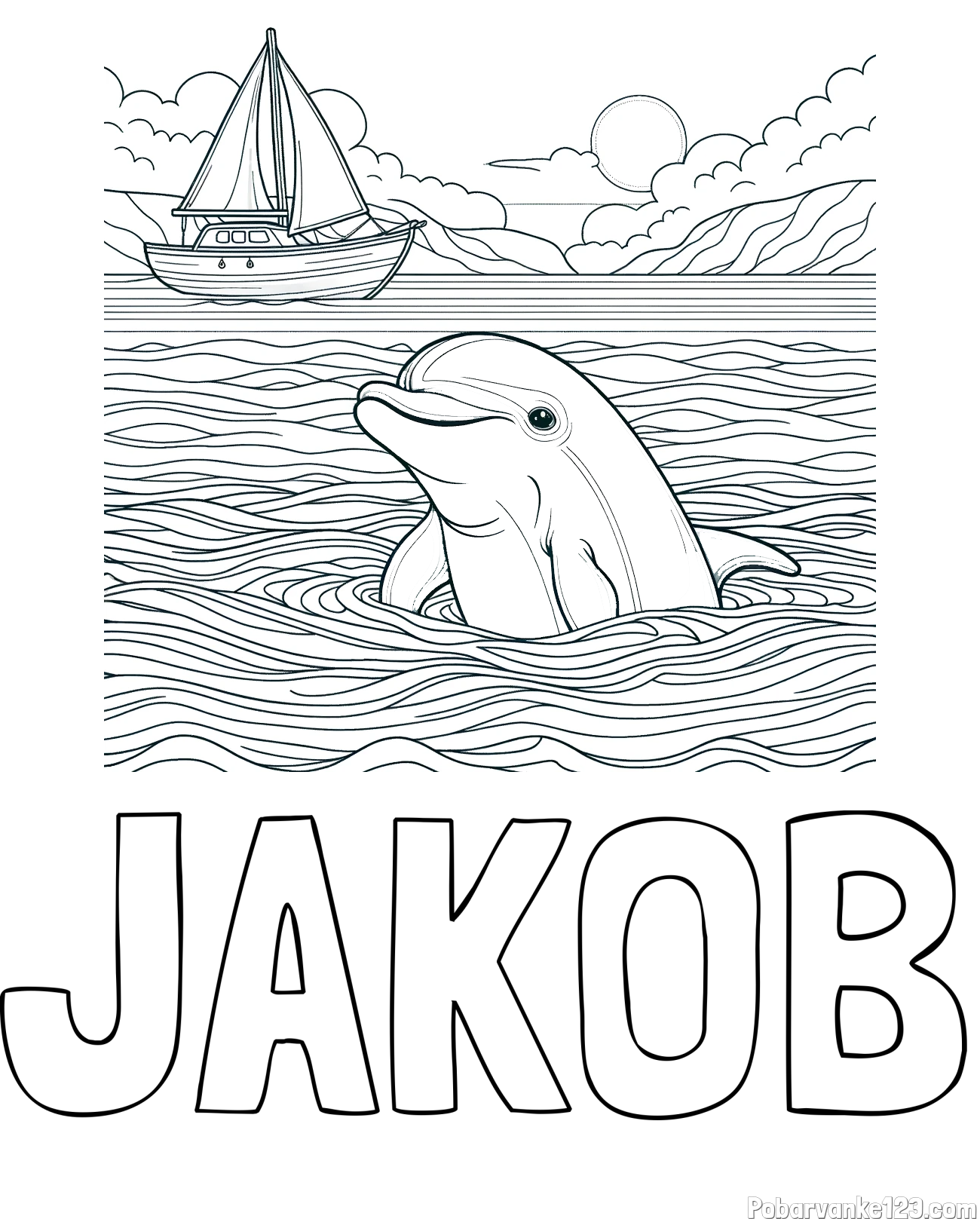 Pobarvanka imena JAKOB in pobarvanka delfina v morju ter jadrnice