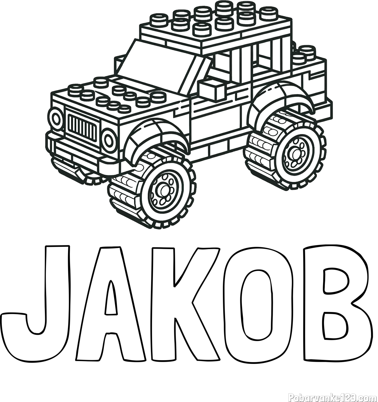 Pobarvanka imena JAKOB in pobarvanka džipa sestavljenega iz LEGO kock