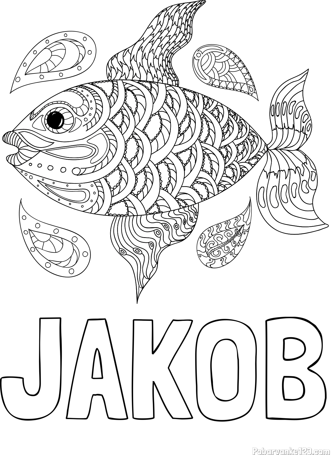 Pobarvanka imena JAKOB in pobarvanka pisane ribe