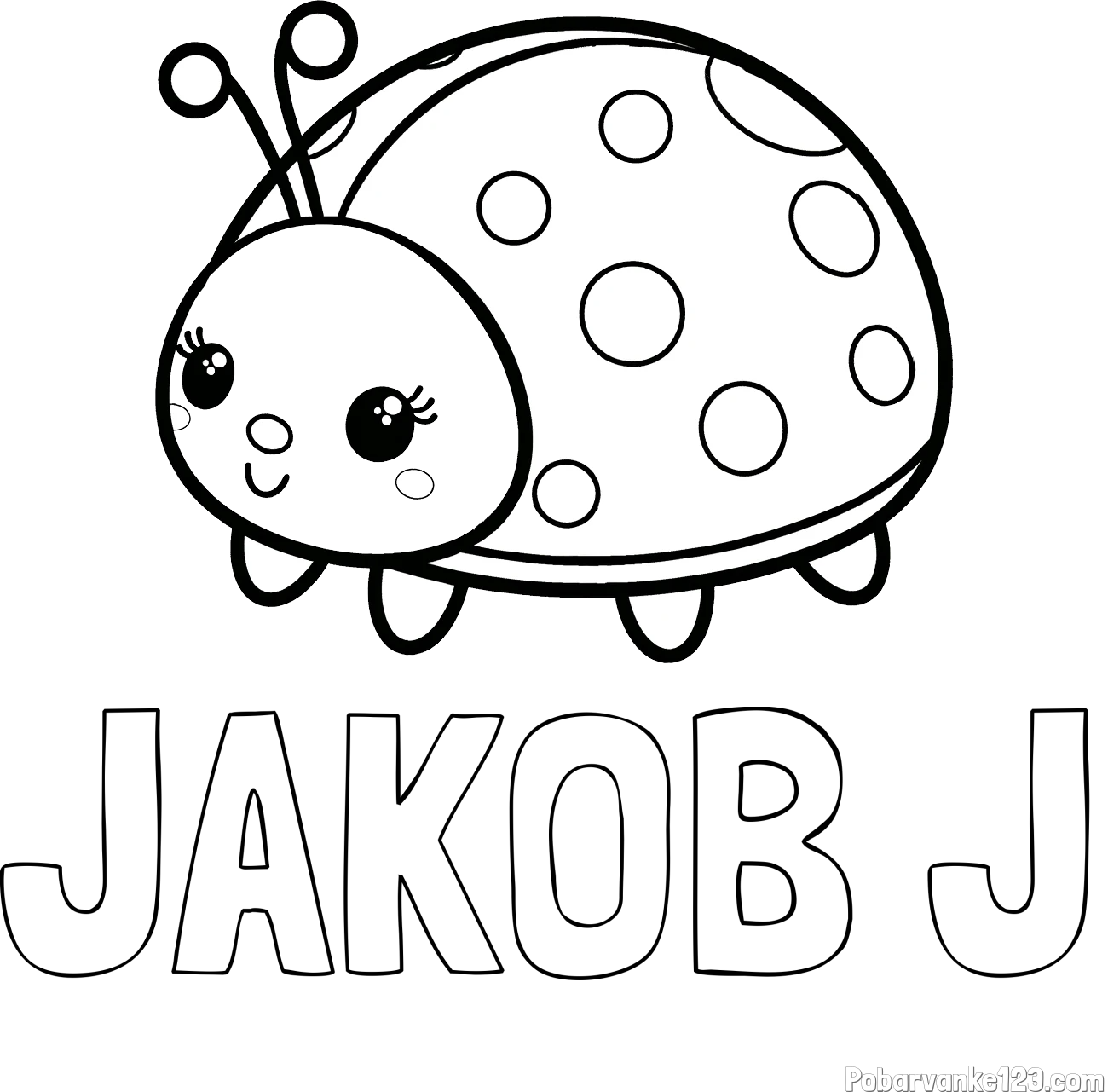 Pobarvanka imena JAKOB J in pobarvanka ljubke pikapolonice