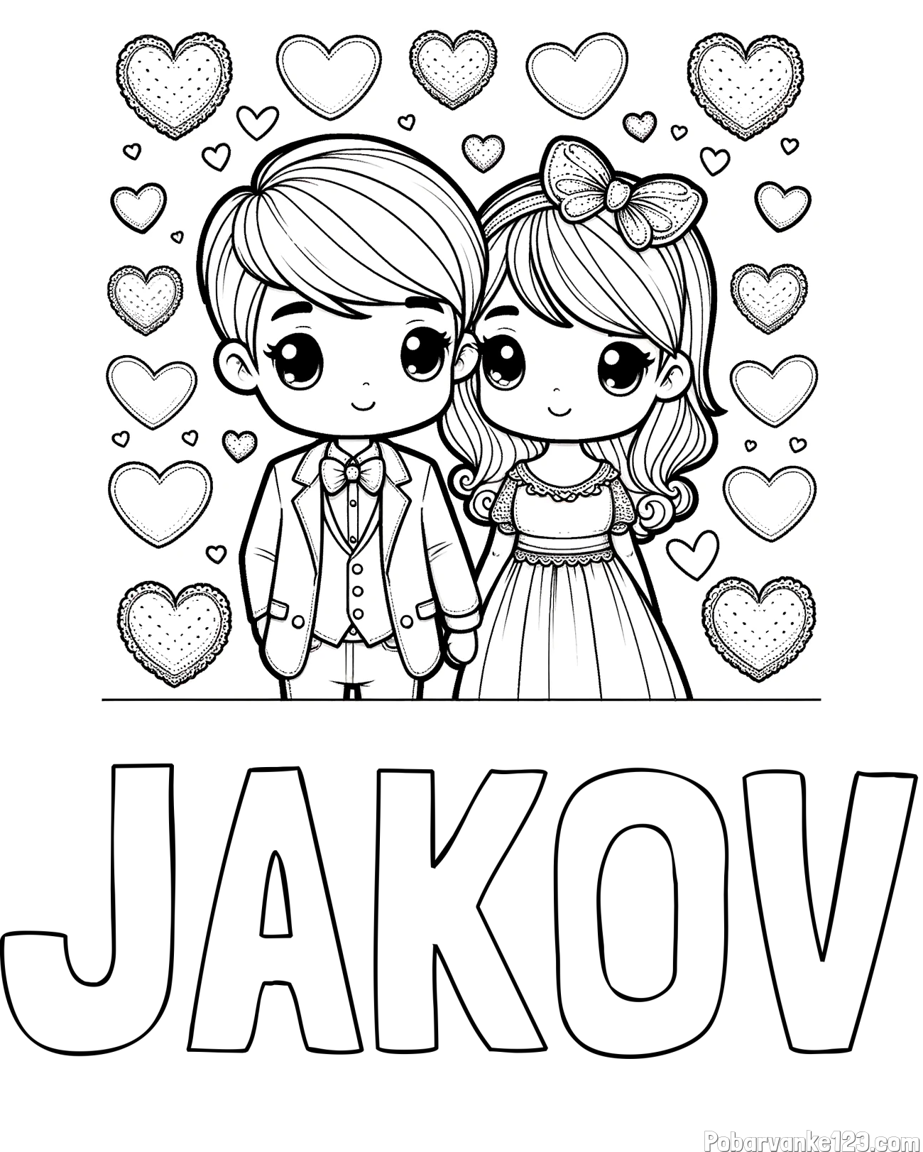 Pobarvanka imena JAKOV in pobarvanka dveh zaljubljencev s srčki