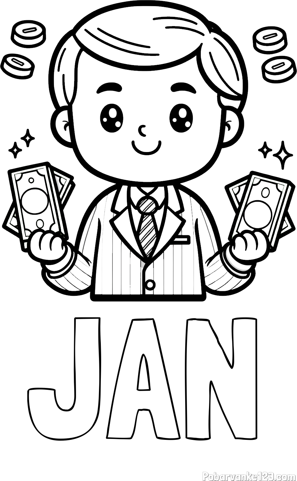 Pobarvanka imena JAN in otroška pobarvanka bankirja z veliko denarja