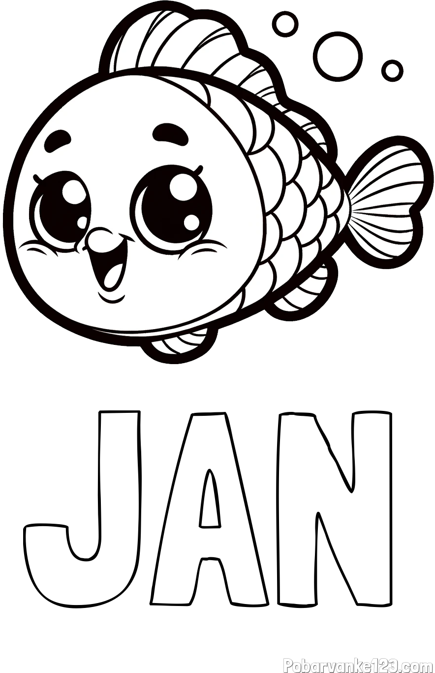 Pobarvanka imena JAN in otroška pobarvanka nasmejane ribe