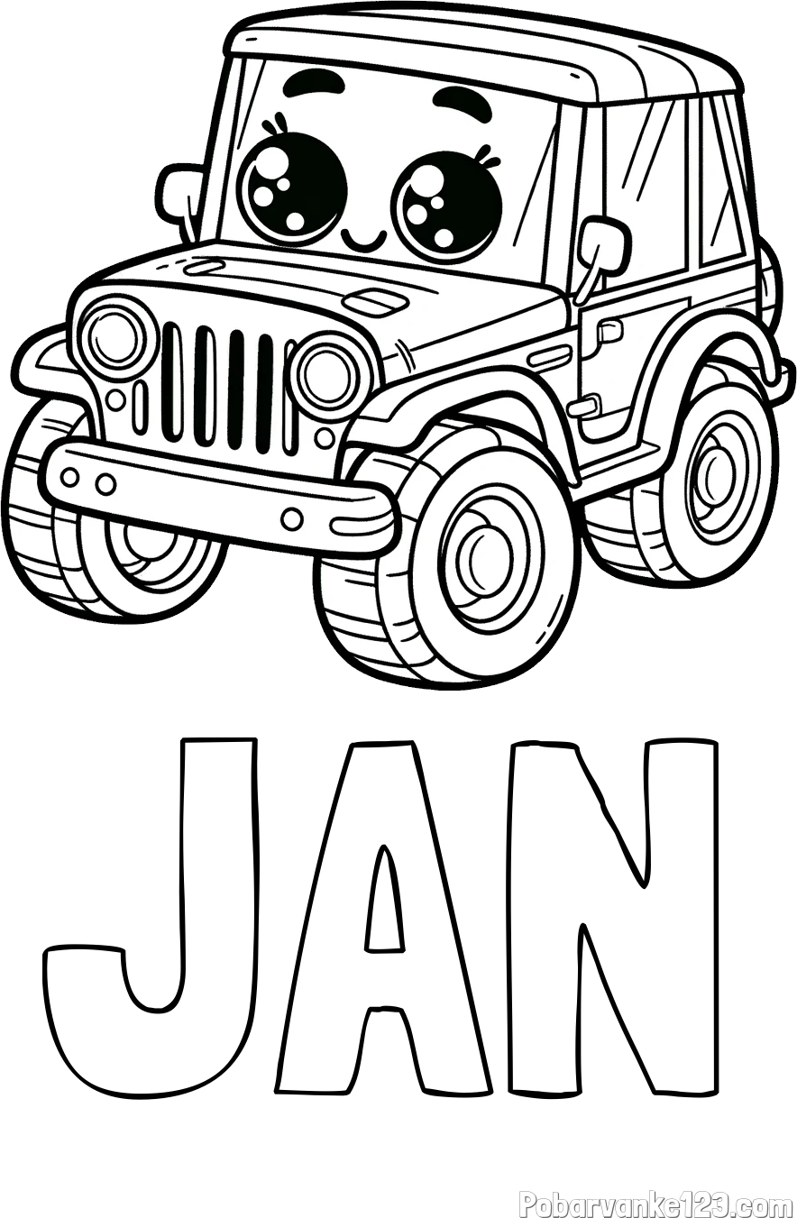 Pobarvanka imena JAN in otroška pobarvanka nasmejanega jeep-a