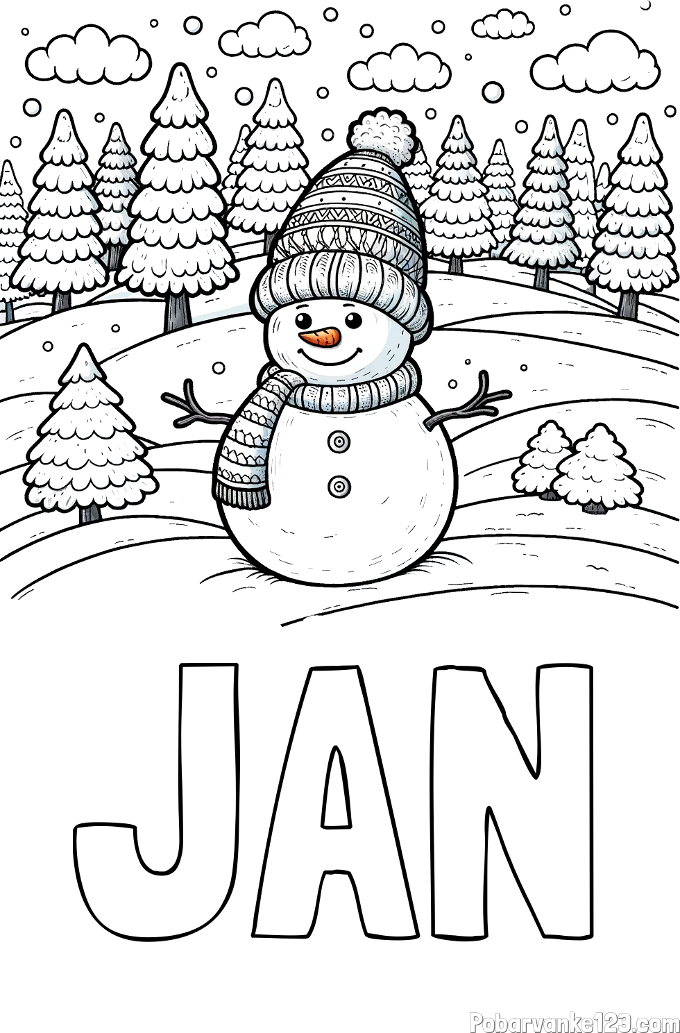 Pobarvanka imena JAN in pobarvanka snežaka v naravi obdanega z zasneženimi smrekami