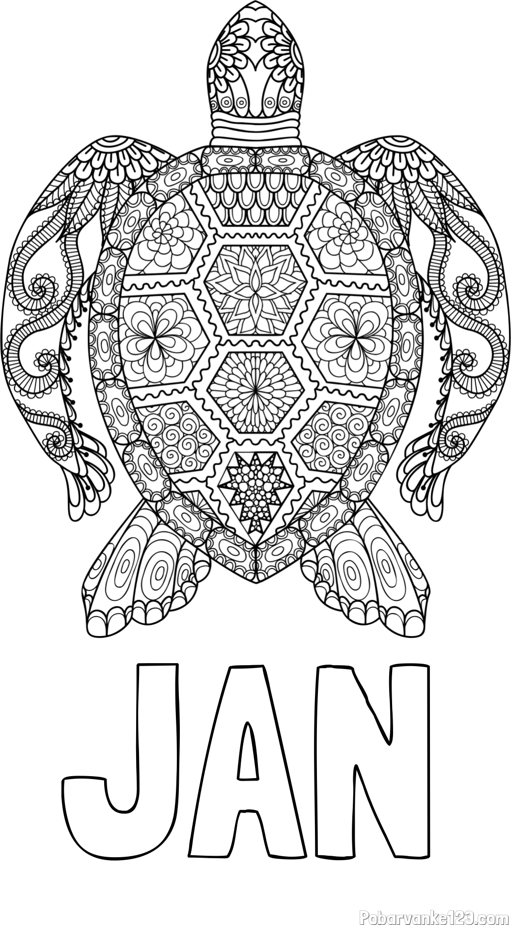 Pobarvanka imena JAN in pobarvanka želve - mandale