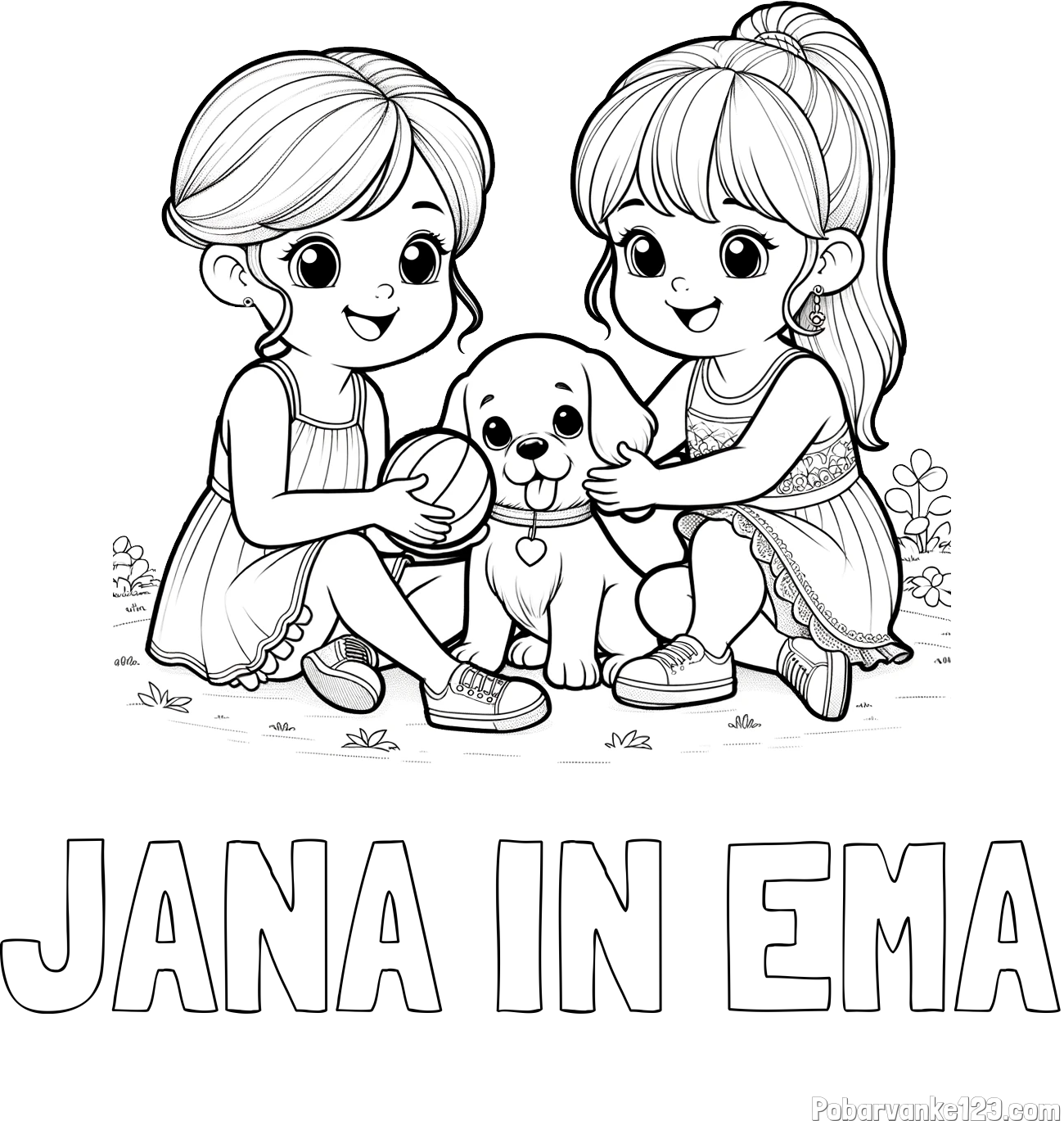 Pobarvanka imena JANA IN EMA in pobarvanka prijateljic s kužkom