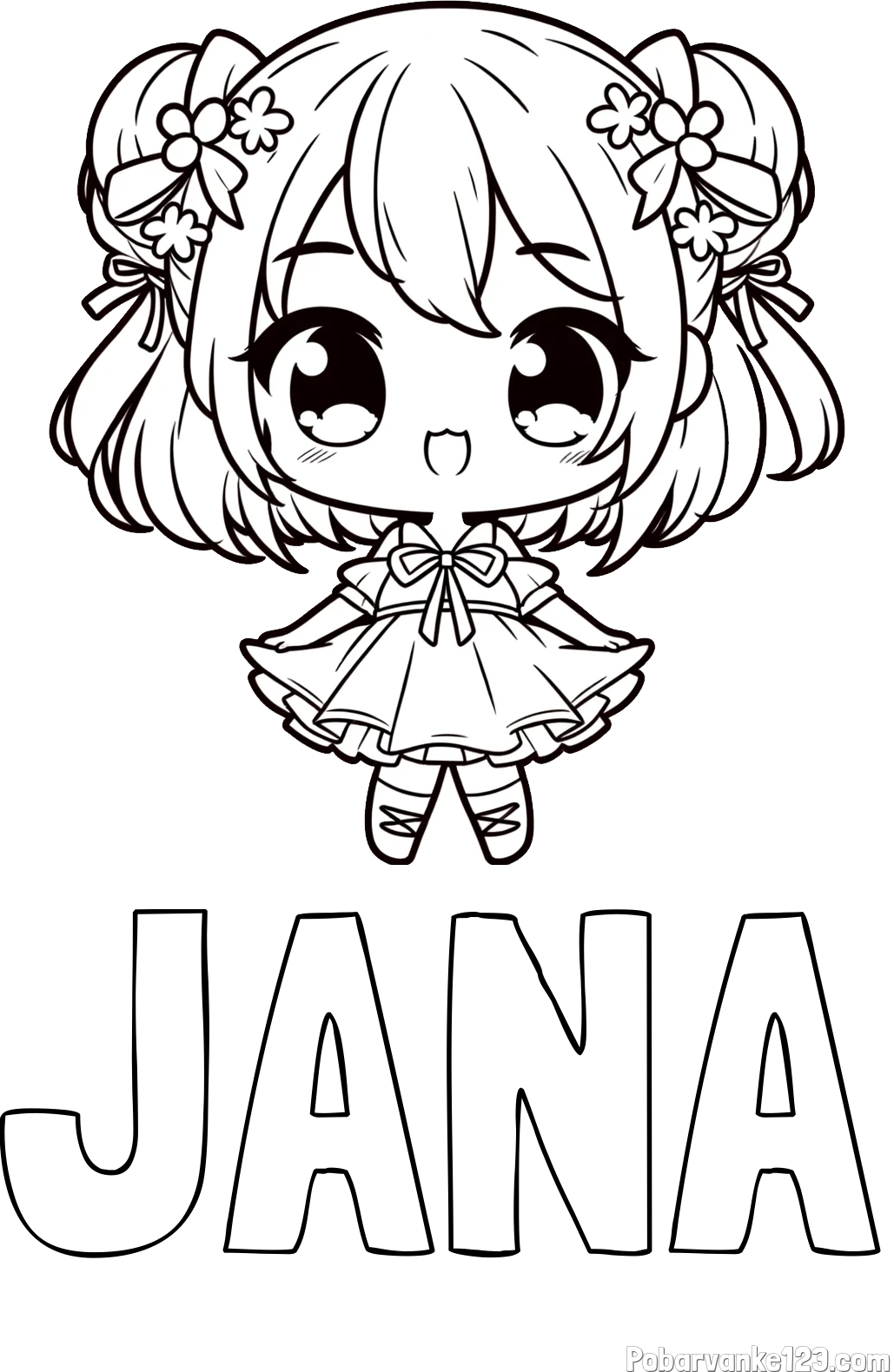 Pobarvanka imena JANA in otroška pobarvanka punčke v japonskem anime slogu