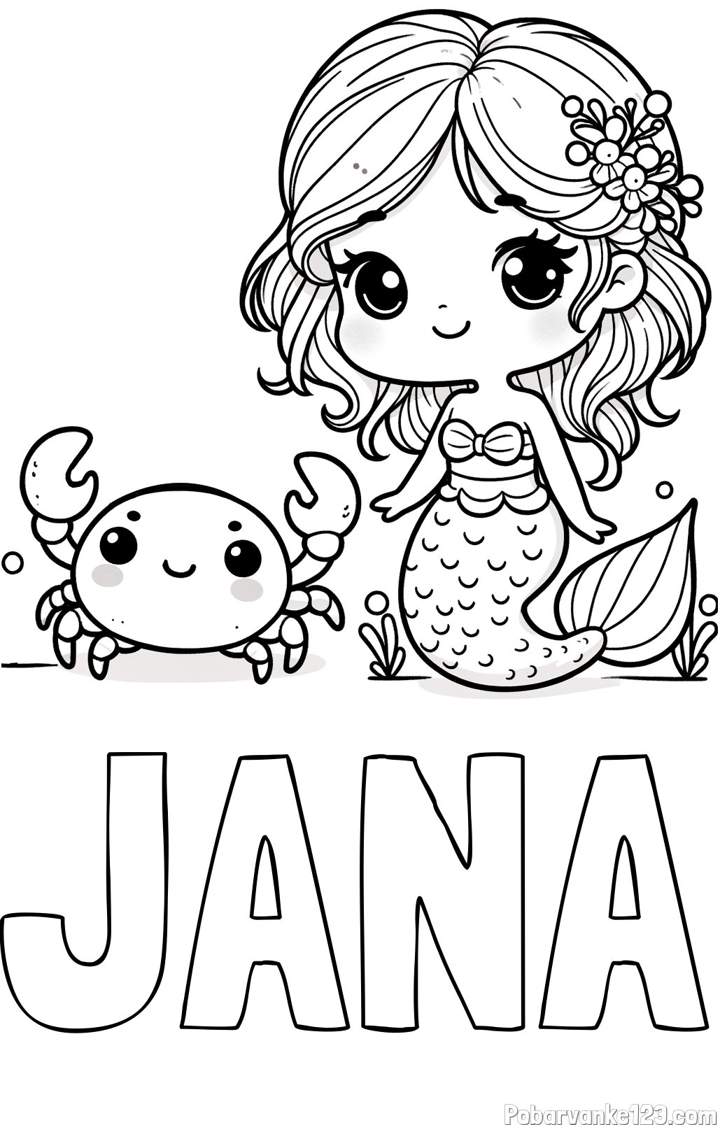 Pobarvanka imena JANA in pobarvanka ljubke morske deklice in veselega raka