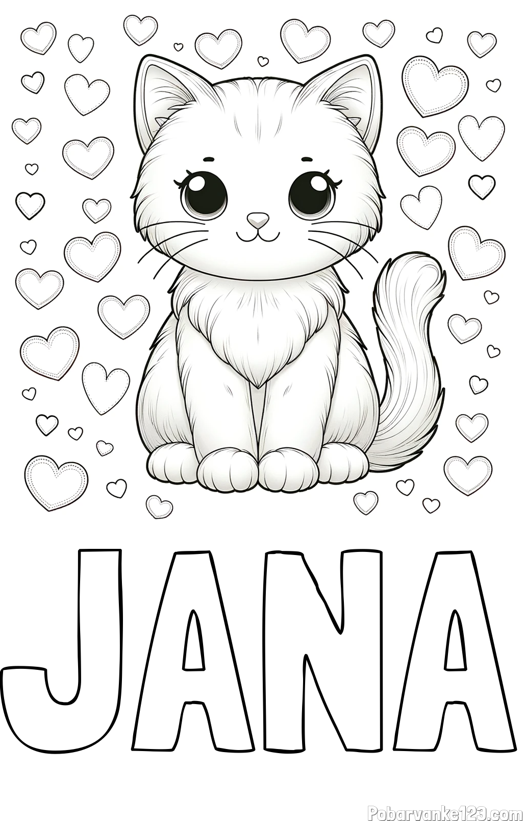 Pobarvanka imena JANA in pobarvanka ljubke mucke obdane s srčki