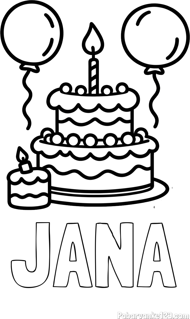 Pobarvanka imena JANA in pobarvanka velike rojstnodnevne torte