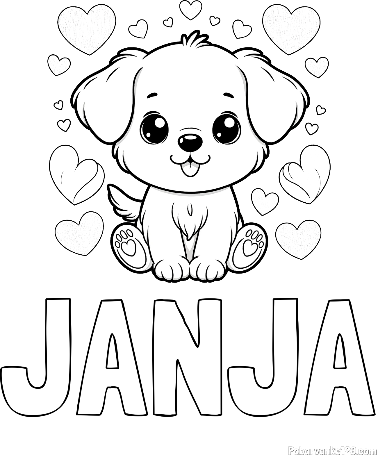 Pobarvanka imena JANJA in pobarvanka ljubkega kužka obdanega s srčki